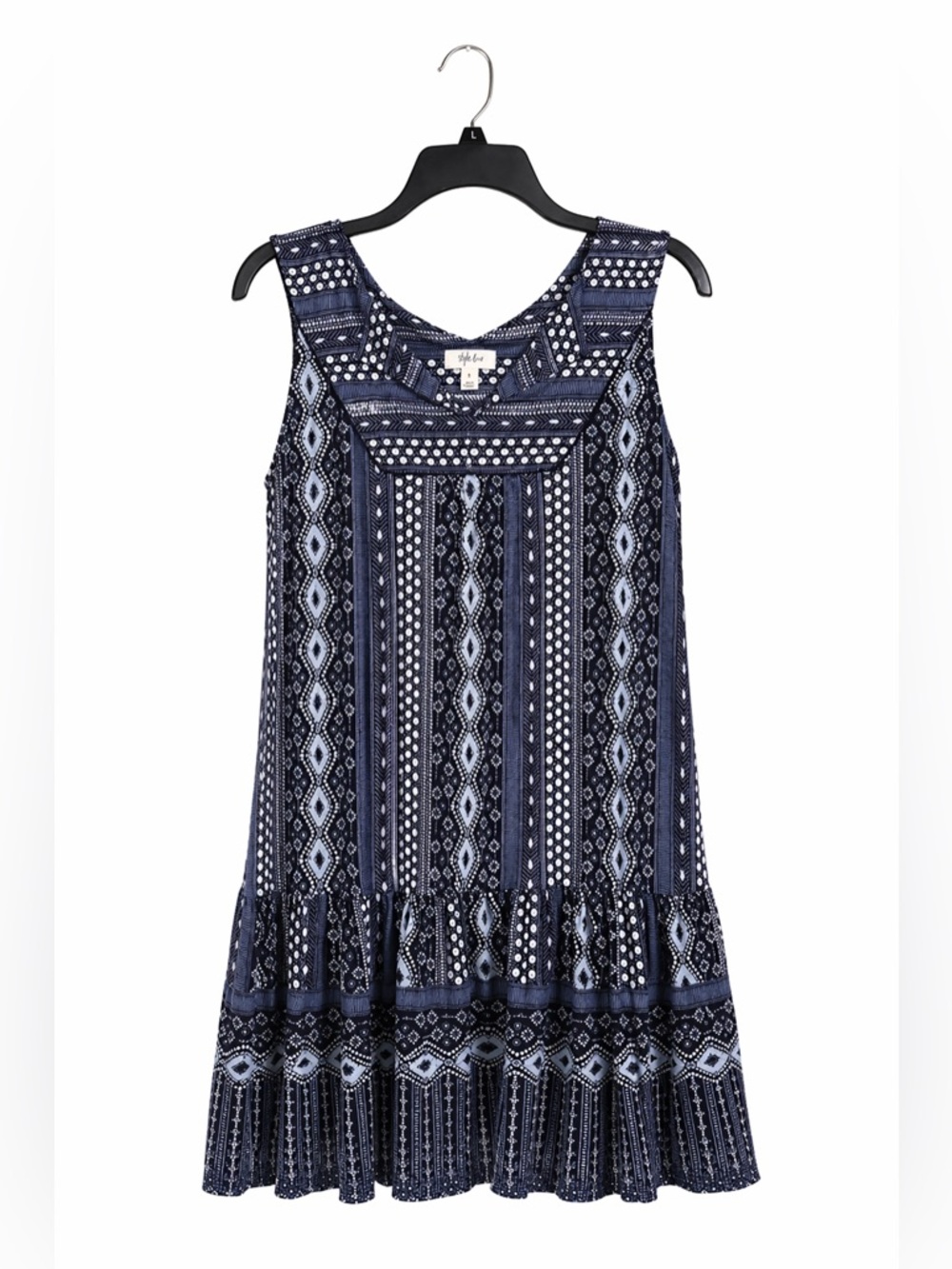Style & Co. Navy and White Sleeveless Patterned Swing Dress